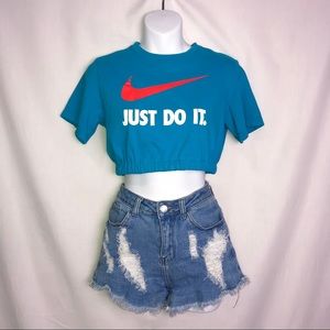 Reworked Blue Nike Elastic Crop Tee YM/Adult XS